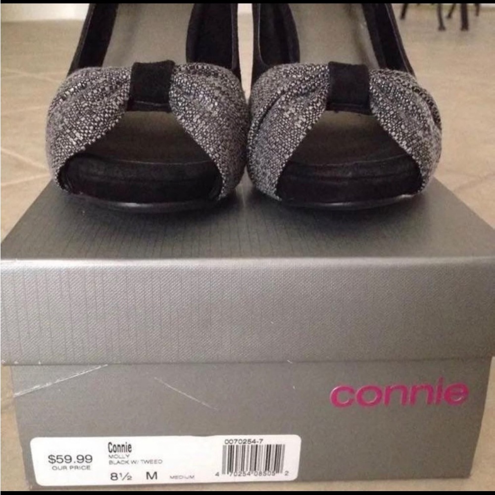 Connie - New In Box Black Suede Peep Toe Heels with Tweed Detail. Size 8.5